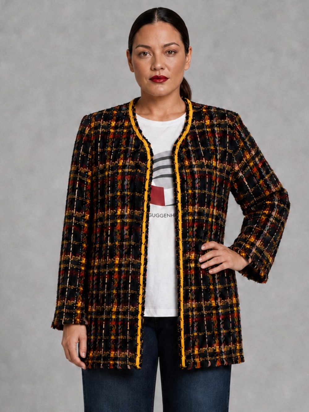 Tweed multicolored plus size jacket with yellow ribbon and chain.  16-18